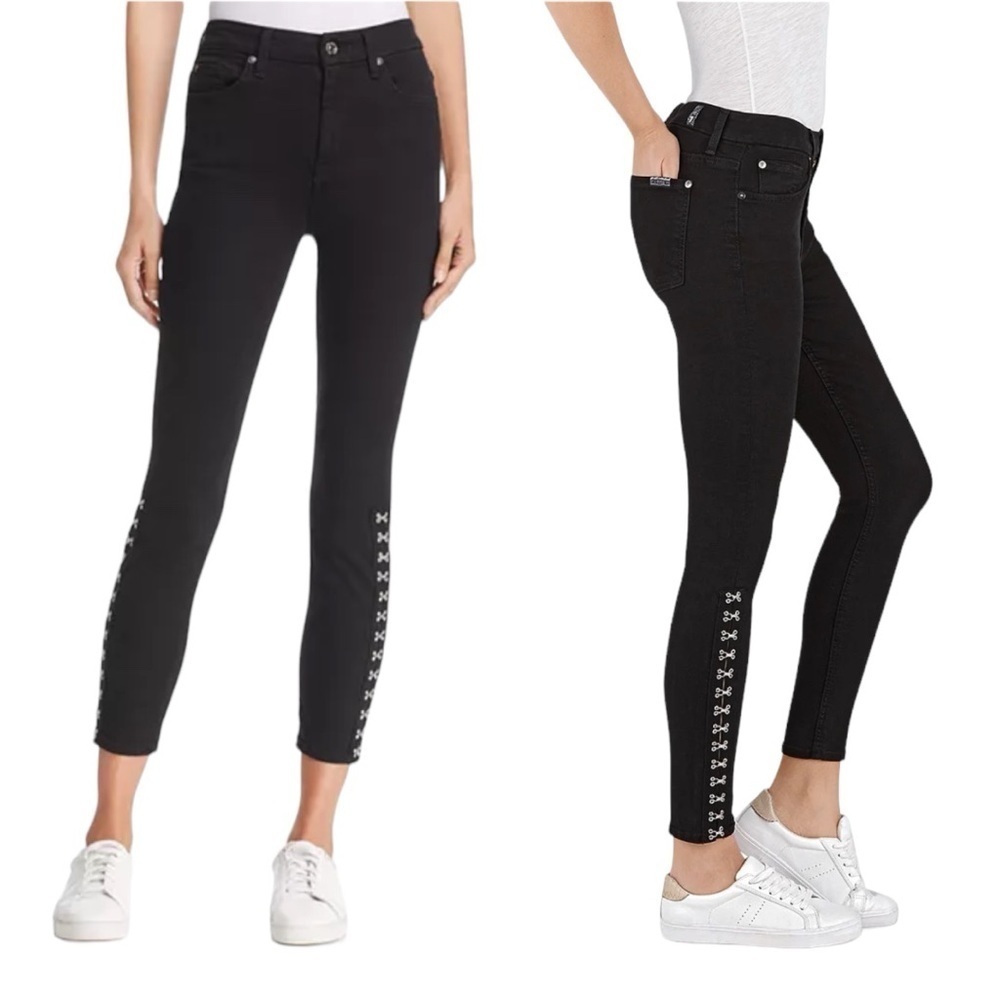 7 For All Mankind High-Rise Skinny Hook and Eye Jeans in B(air) Black Sz 25